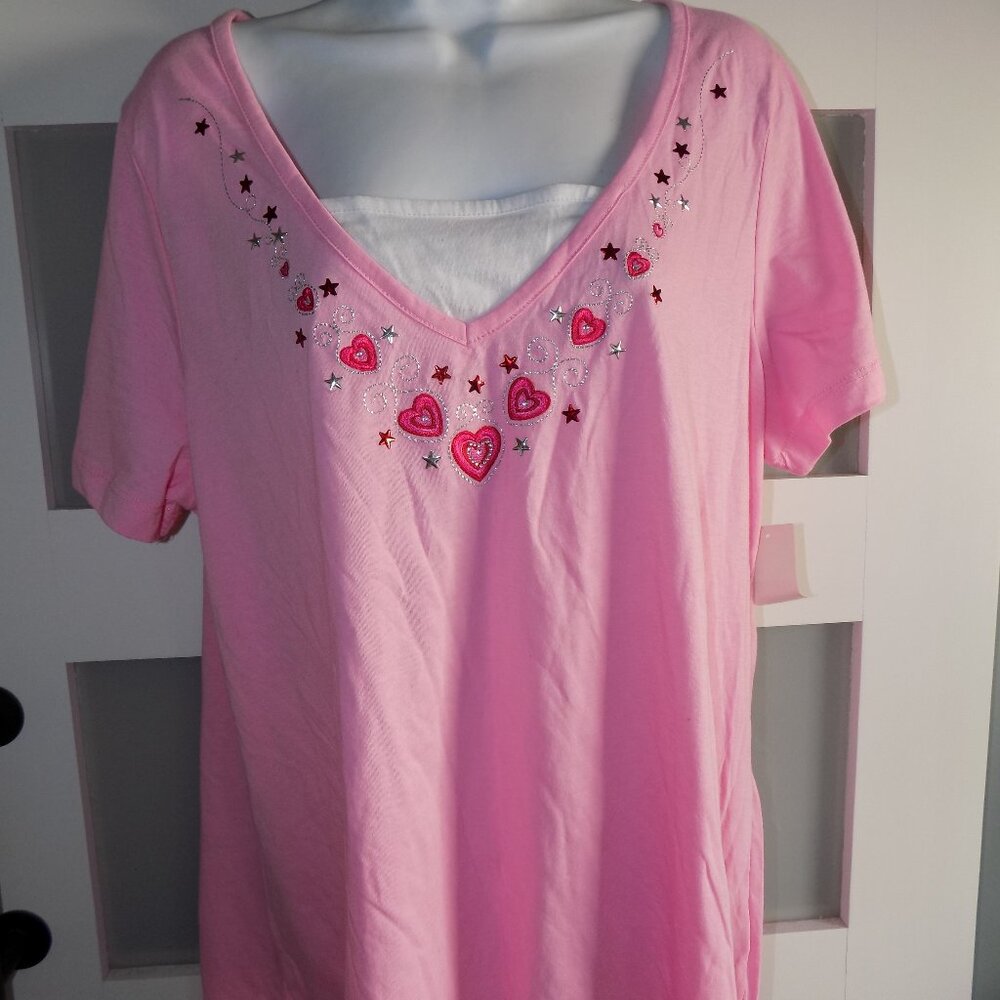 Simply Basic Rosy Petal Pink Hearts and Stars SS Shirt Size 2X Women's NEW